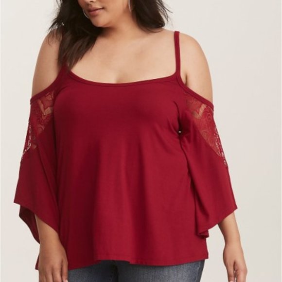 Torrid Super Soft Knits Cherry Red Cold Shoulder Top Shirt Sz 1 (1X - 14/16) VGC - Picture 1 of 8